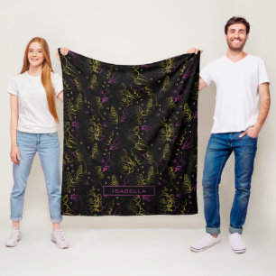 Gold purple floral pattern personalised name  fleece blanket