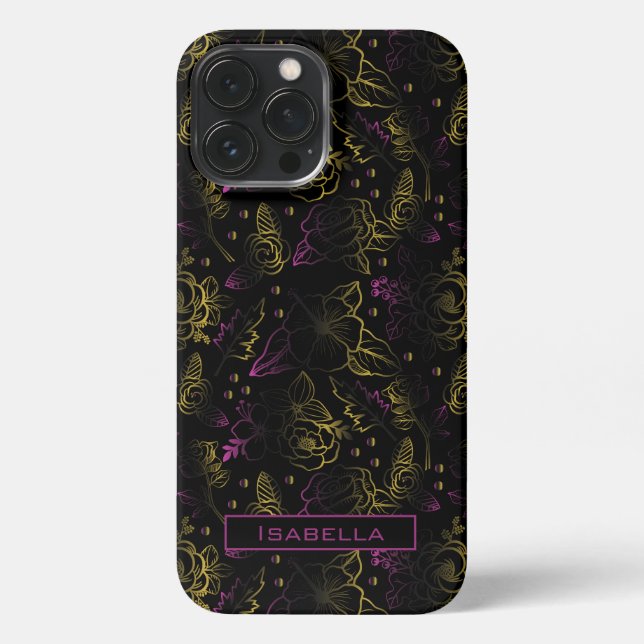 Gold purple floral pattern personalised name iPhone case (Back)