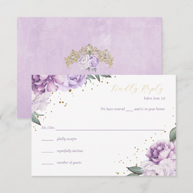 Gold Purple Floral Quinceañera Birthday RSVP Card (Front/Back)