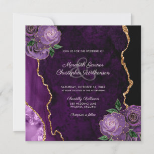 Gold Purple Floral Rose Agate Wedding Invitation