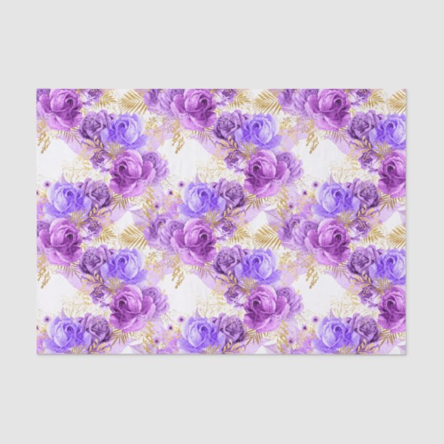 Gold purple floral rose pattern party tissue paper (Front)