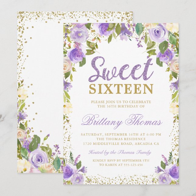 Gold Purple Floral Sweet Sixteen 16 Birthday Invitation (Front/Back)