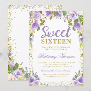 Gold Purple Floral Sweet Sixteen 16 Birthday Invitation