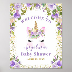 Gold Purple Floral Unicorn Baby Shower Welcome Poster