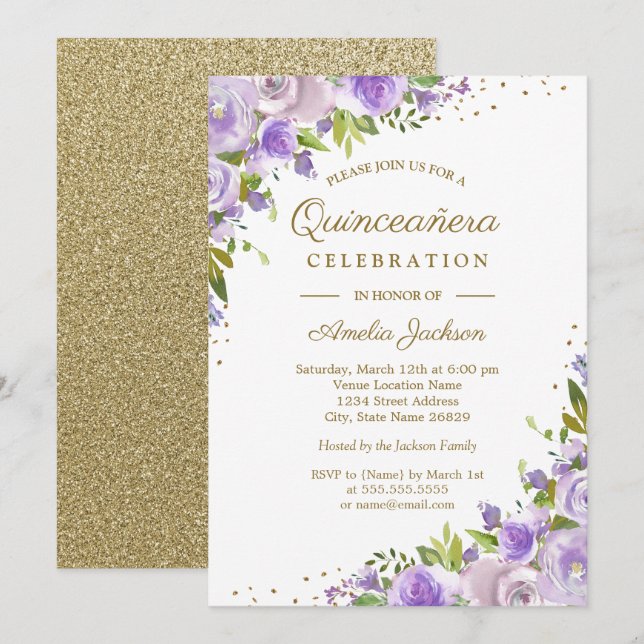 Gold Purple Floral Watercolor Quinceanera Invite (Front/Back)