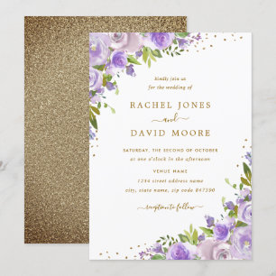 Gold Purple Floral Watercolor Wedding Invite