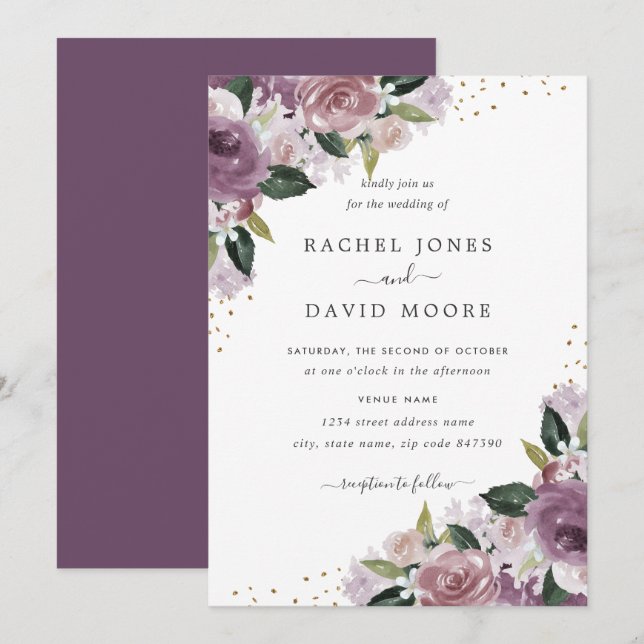 Gold Purple Floral Watercolor Wedding Invite (Front/Back)