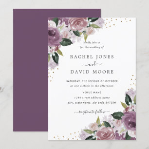 Gold Purple Floral Watercolor Wedding Invite