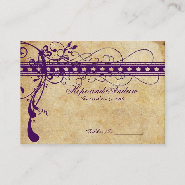 Gold & Purple Funky Swirl Place Card (Front)