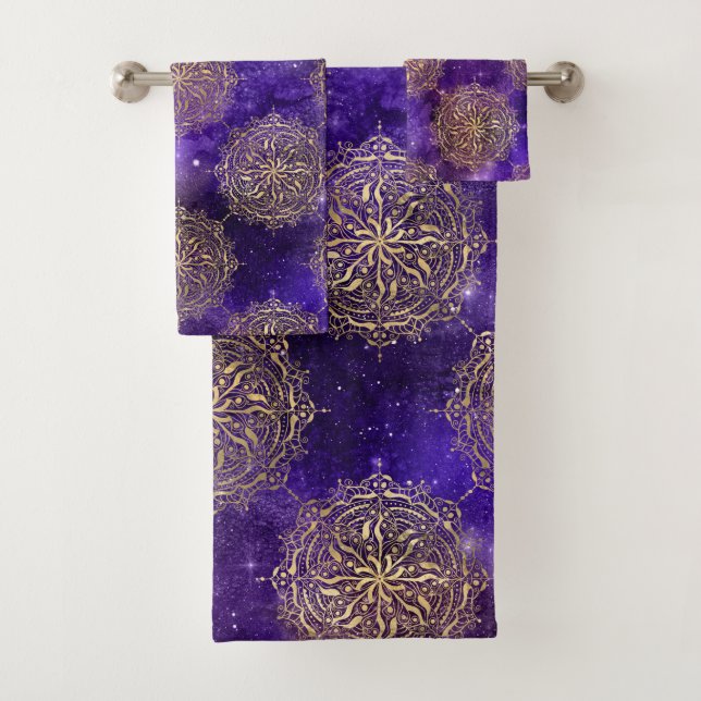 Gold & Purple Galaxy Dharma Mandala Pattern Bath Towel Set (Insitu)