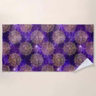 Gold & Purple Galaxy Dharma Mandala Pattern Beach Towel