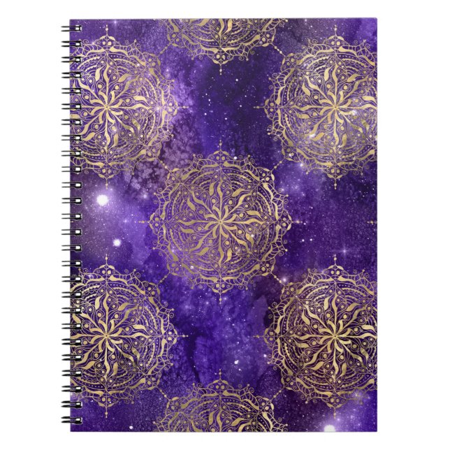 Gold & Purple Galaxy Dharma Mandala Pattern Notebook (Front)