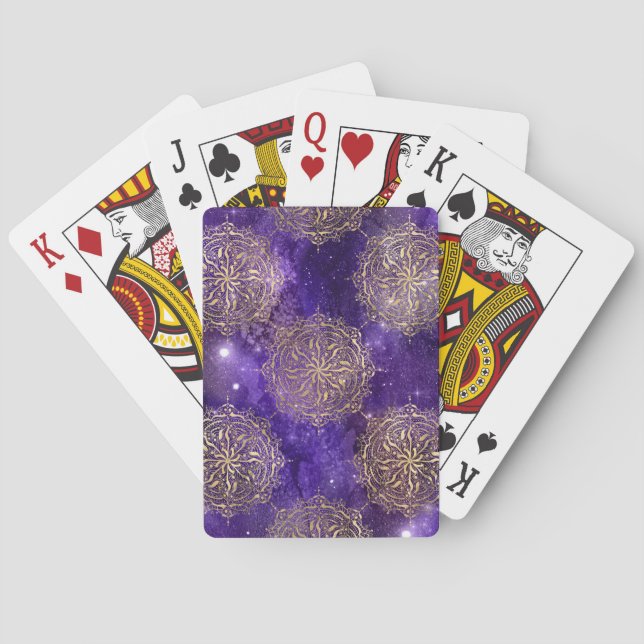 Gold & Purple Galaxy Dharma Mandala Pattern Playing Cards (Back)