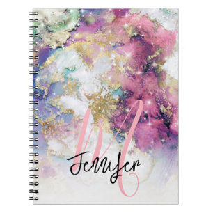 Gold Purple Galaxy Space Monogram Custom Notebook