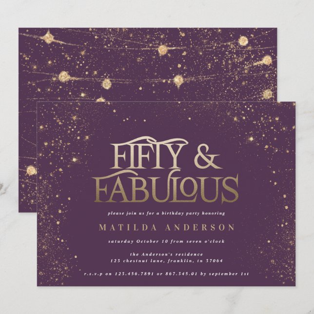 Gold purple glitter 50 and fabulous birthday party (Front/Back)