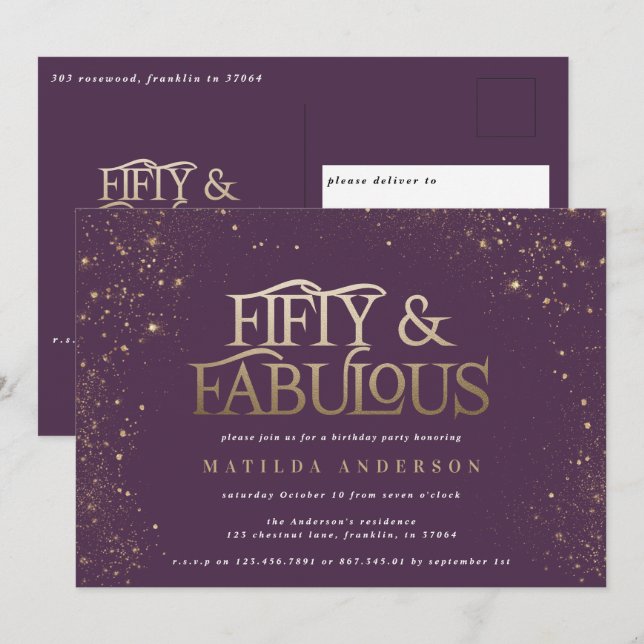 Gold purple glitter 50 and fabulous birthday party (Front/Back)