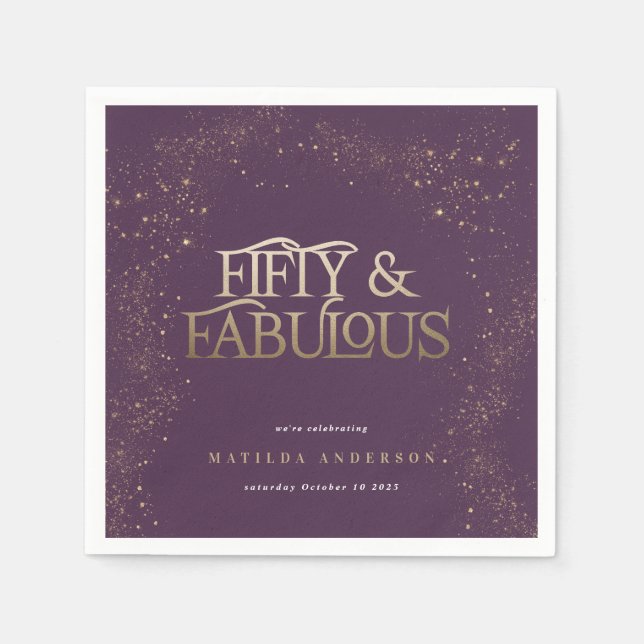 Gold purple glitter 50 and fabulous birthday party napkin (Front)