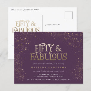 Gold purple glitter 50 and fabulous birthday party postcard