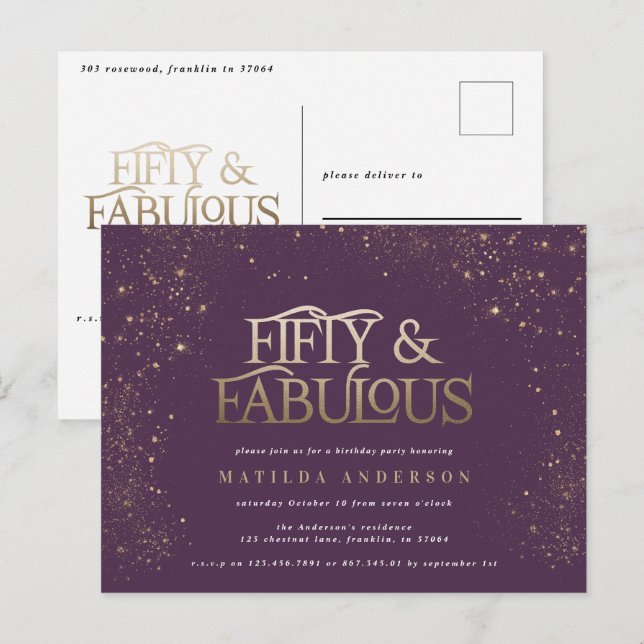 Gold purple glitter 50 and fabulous birthday party postcard (Front/Back)