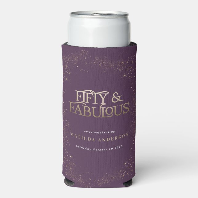 Gold purple glitter 50 and fabulous birthday party seltzer can cooler (Seltzer Front)