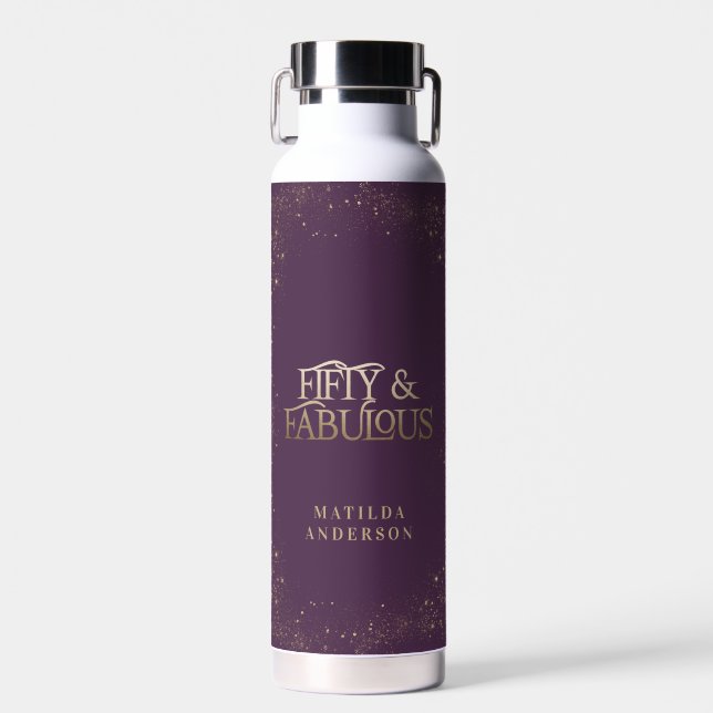 Gold purple glitter 50 and fabulous birthday party water bottle (Front)