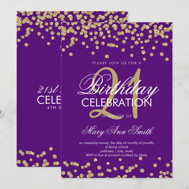 Gold Purple Glitter Confetti 21st Birthday Invitation (Front/Back)