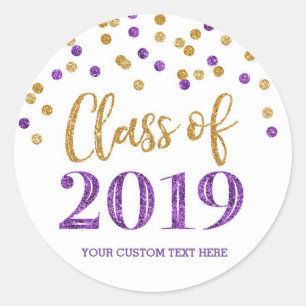 Gold Purple Glitter Confetti Graduation 2019 Classic Round Sticker
