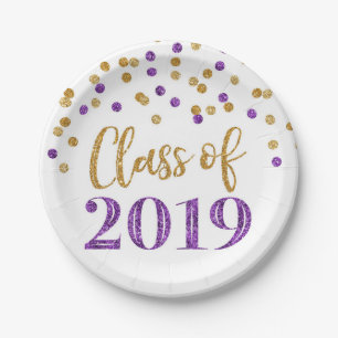 Gold Purple Glitter Confetti Graduation 2019 Paper Plate