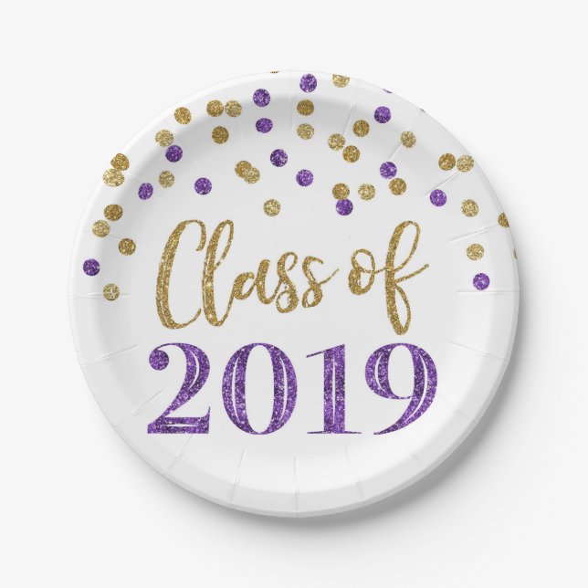 Gold Purple Glitter Confetti Graduation 2019 Paper Plate (Front)