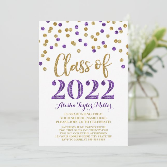 Gold Purple Glitter Confetti Graduation Party 2022 Invitation (Standing Front)
