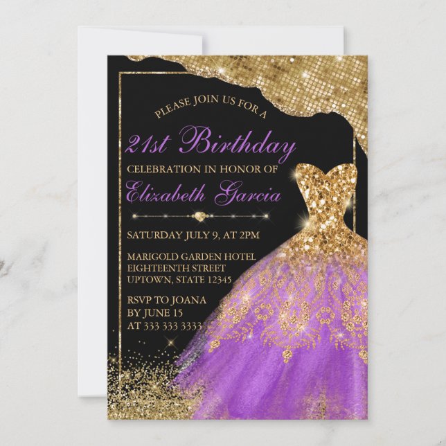 Gold & Purple Glitter Dress 21st Birthday Invitation (Front)