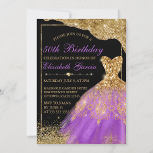 Gold & Purple Glitter Dress Birthday Invitation