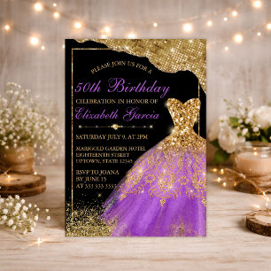 Gold & Purple Glitter Dress Birthday Invitation
