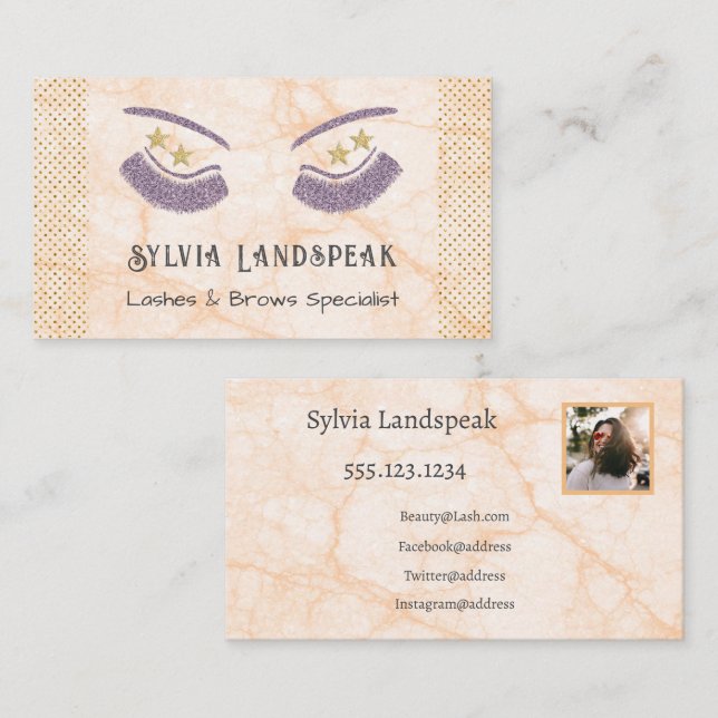 Gold & Purple Glitter Eyelashes & Photo Business Card (Front/Back)