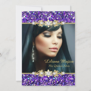 Gold Purple Glitter & Jewel Bow Quinceanera Invitation