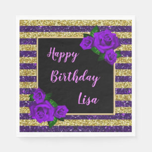 Gold Purple Glitter Stripes Purple Roses Birthday Napkin