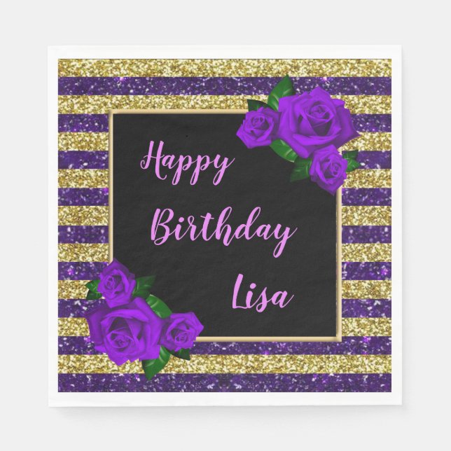 Gold Purple Glitter Stripes Purple Roses Birthday Napkin (Front)