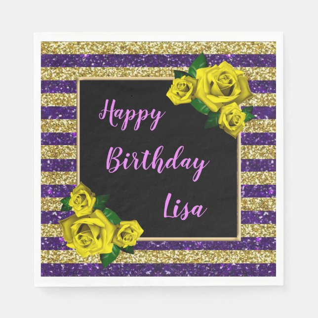 Gold Purple Glitter Stripes Yellow Roses Birthday Napkin (Front)