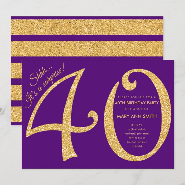 Gold Purple Glitter Surprise 40th Birthday Party Invitation (Front/Back)