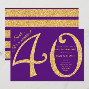 Gold Purple Glitter Surprise 40th Birthday Party Invitation