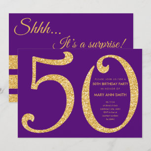 Gold Purple Glitter Surprise 50th Birthday Party Invitation