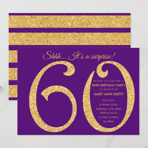 Gold Purple Glitter Surprise 60th Birthday Party Invitation