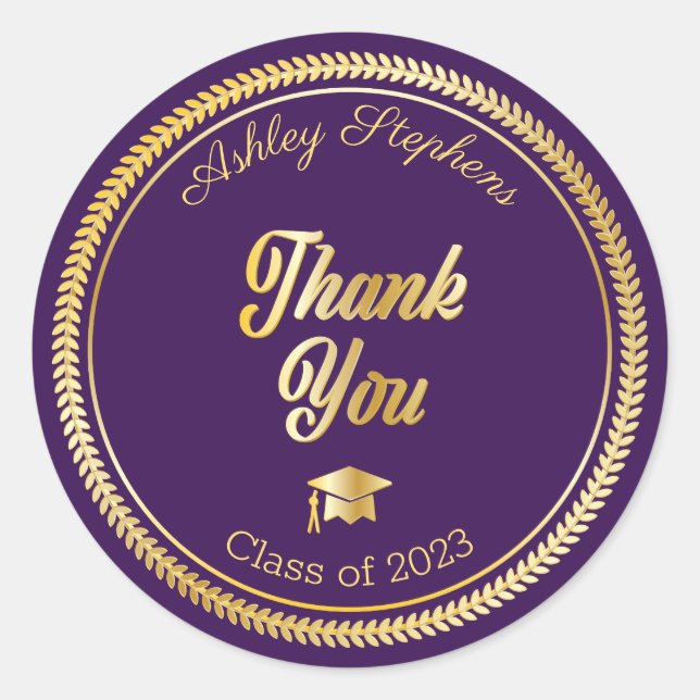 Gold | Purple Grad Cap Class of 2023 Thank You Classic Round Sticker (Front)