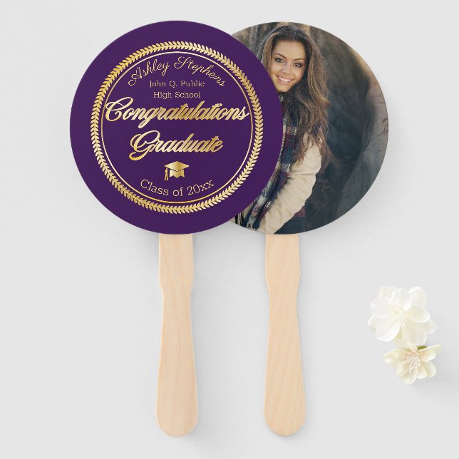 Gold Purple Graduation Photo Class of 2023 Hand Fan (Front and Back)
