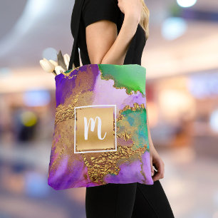 Gold purple green aqua marble watercolor monogram tote bag