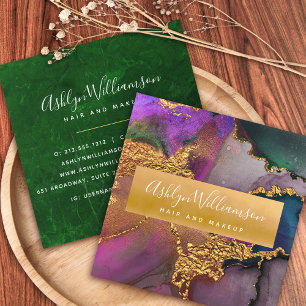 Gold purple green blue modern agate watercolor square business card