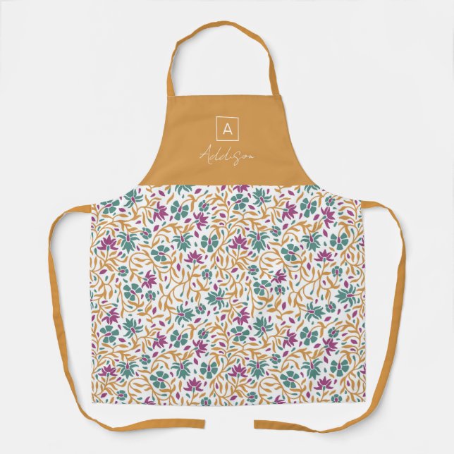 Gold Purple Green Print Personalised Monogram Apron (Front)