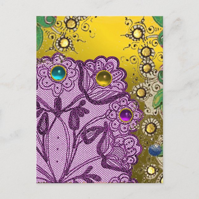 GOLD PURPLE LACE FLOWERS AND COLORFUL GEMSTONES POSTCARD (Front)