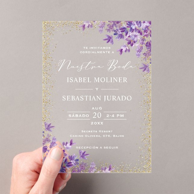 Gold Purple Lavender Nuestra Boda Spanish Wedding Acrylic Invitations (Insitu (Handheld))