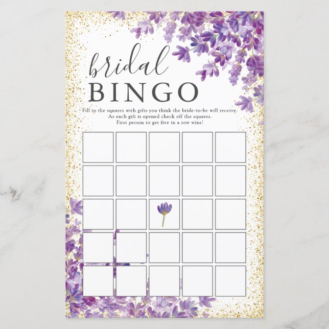 Gold Purple Lavenders Bridal Shower Bingo Game (Front)